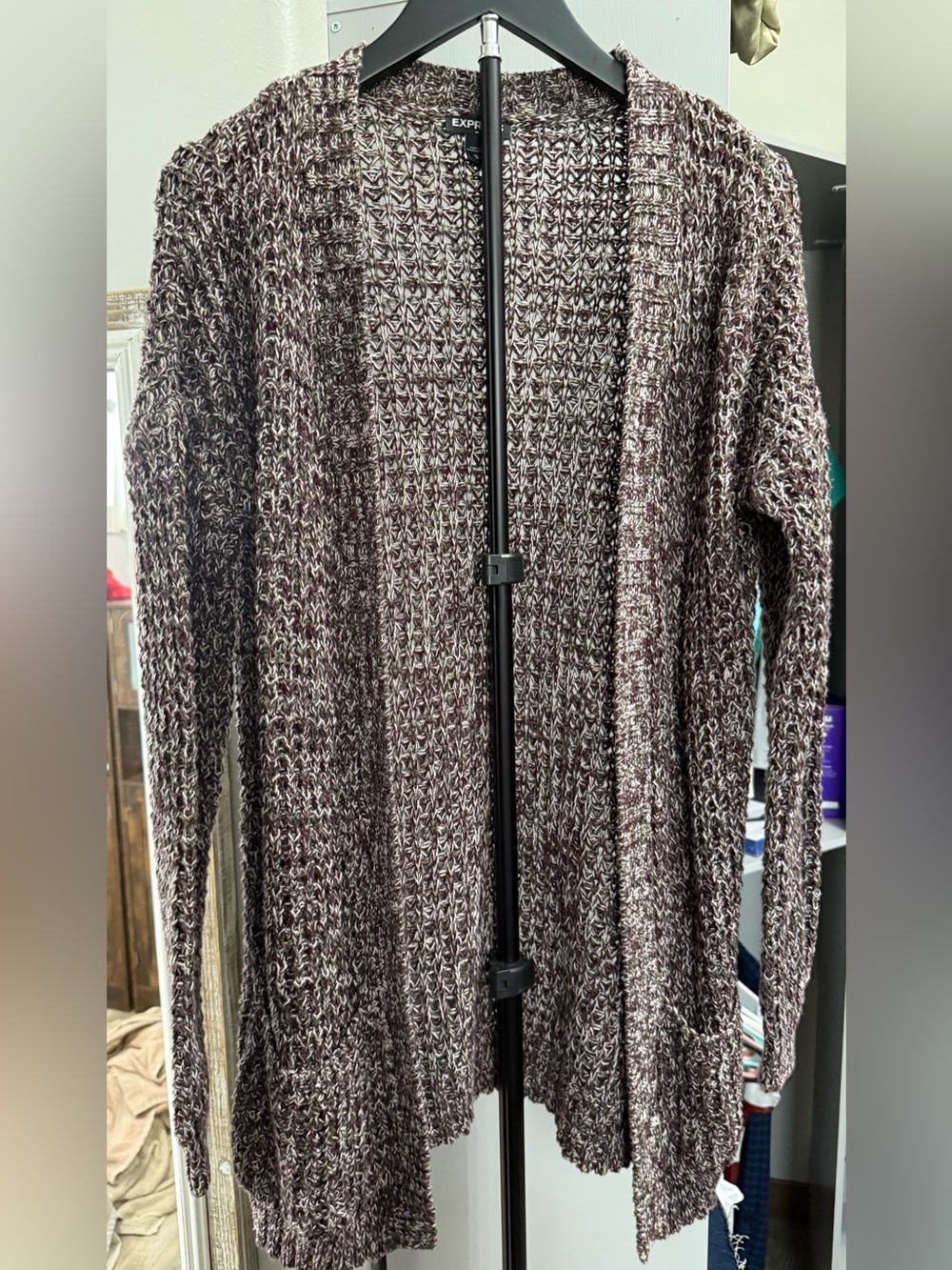 Express Open-Front Marled Brown Cardigan
